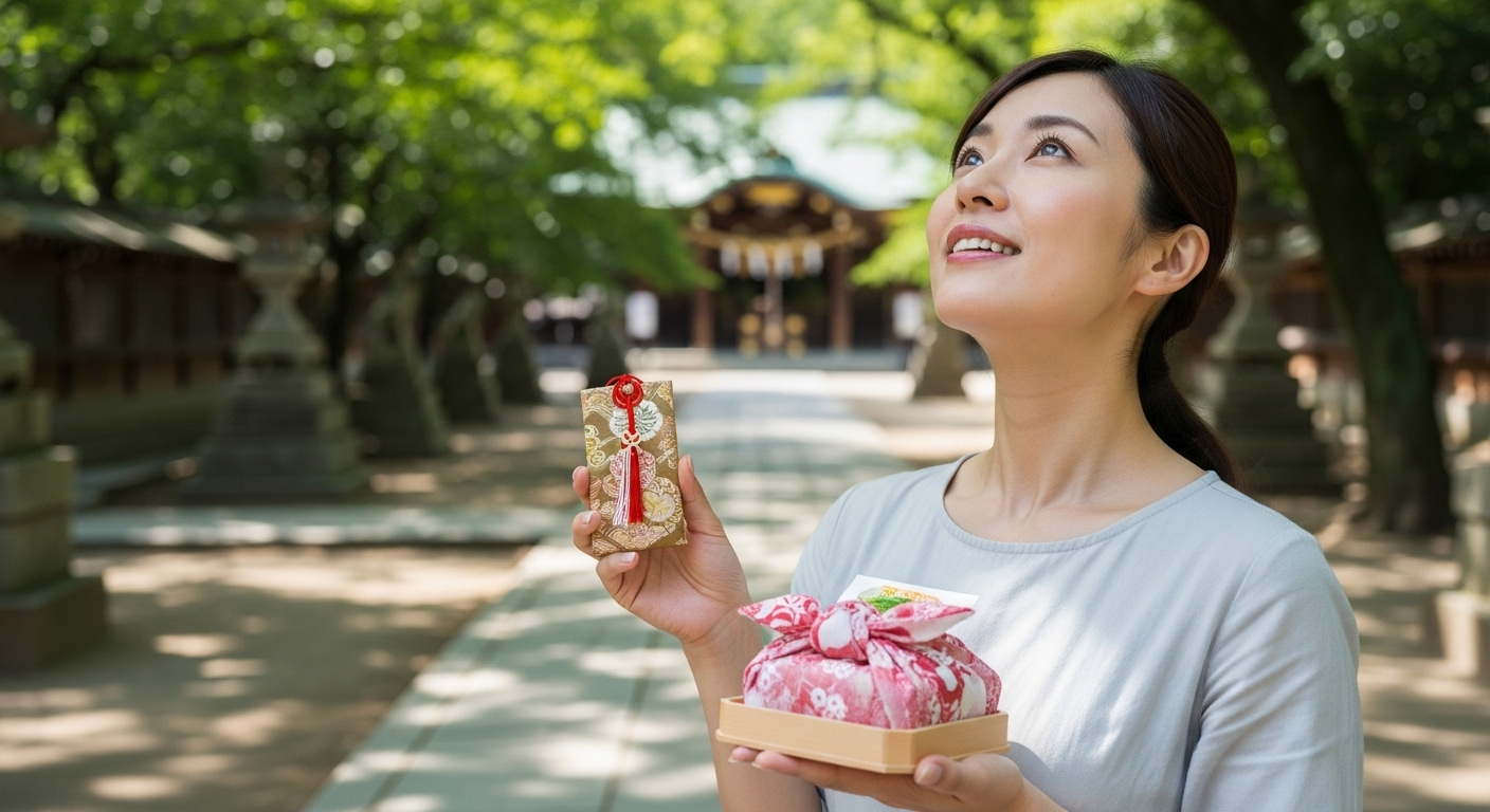 神社の境内で、購入したお守りと持ち帰ったお供え物を手に持ち、清々しい表情で空を見上げる30代日本人女性。自然光。