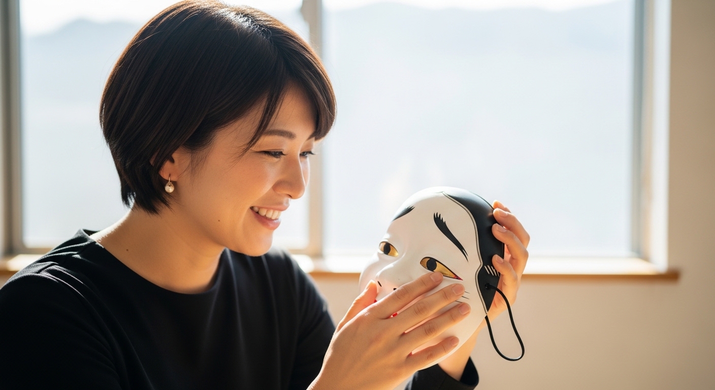 明るい光の中で笑顔を見せ、神楽面を丁寧に扱う30代女性