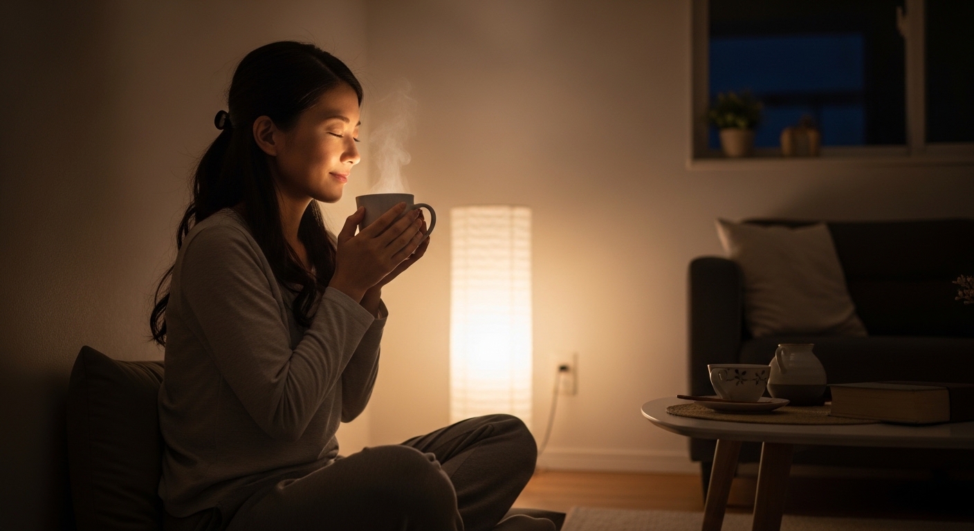 夜の静寂の中、温かい飲み物を手に自分自身を労う日本人女性