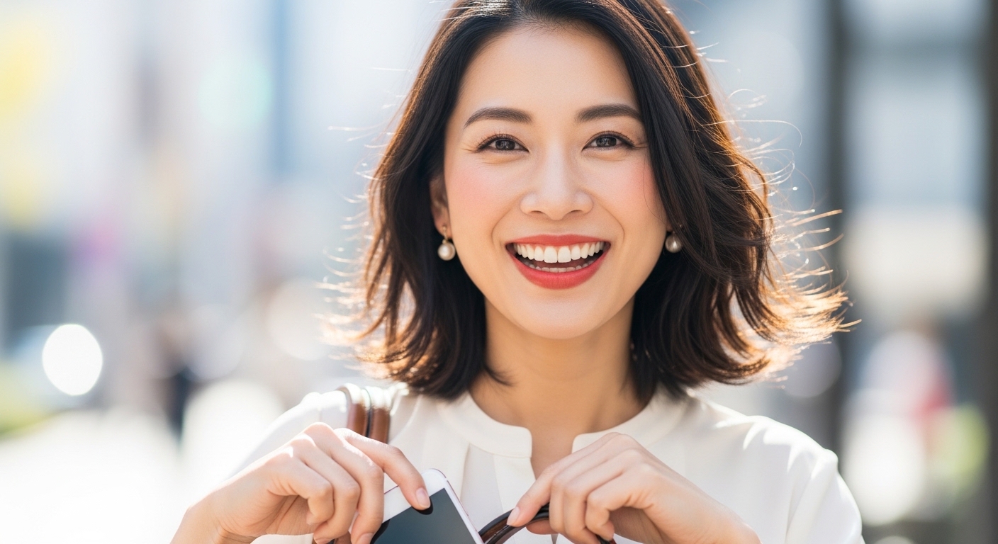 スマホを置いて、明るい笑顔で神域を歩く30代女性