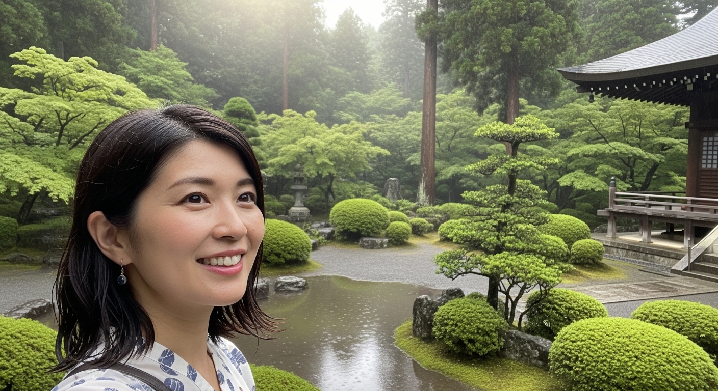 雨上がりの境内で輝く緑に包まれ、希望に満ちた笑顔を見せる女性