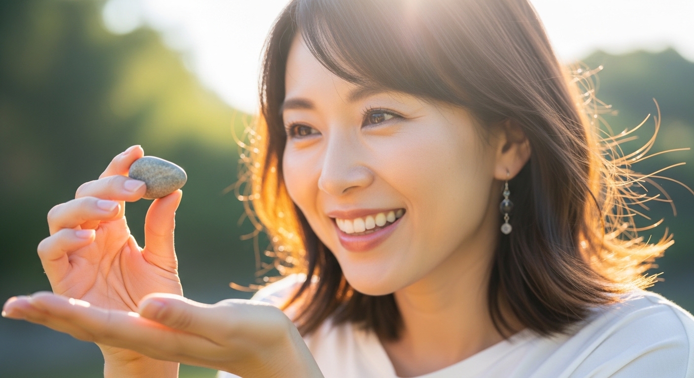 明るい笑顔で神社の石に触れ、安心感を得ている30代女性