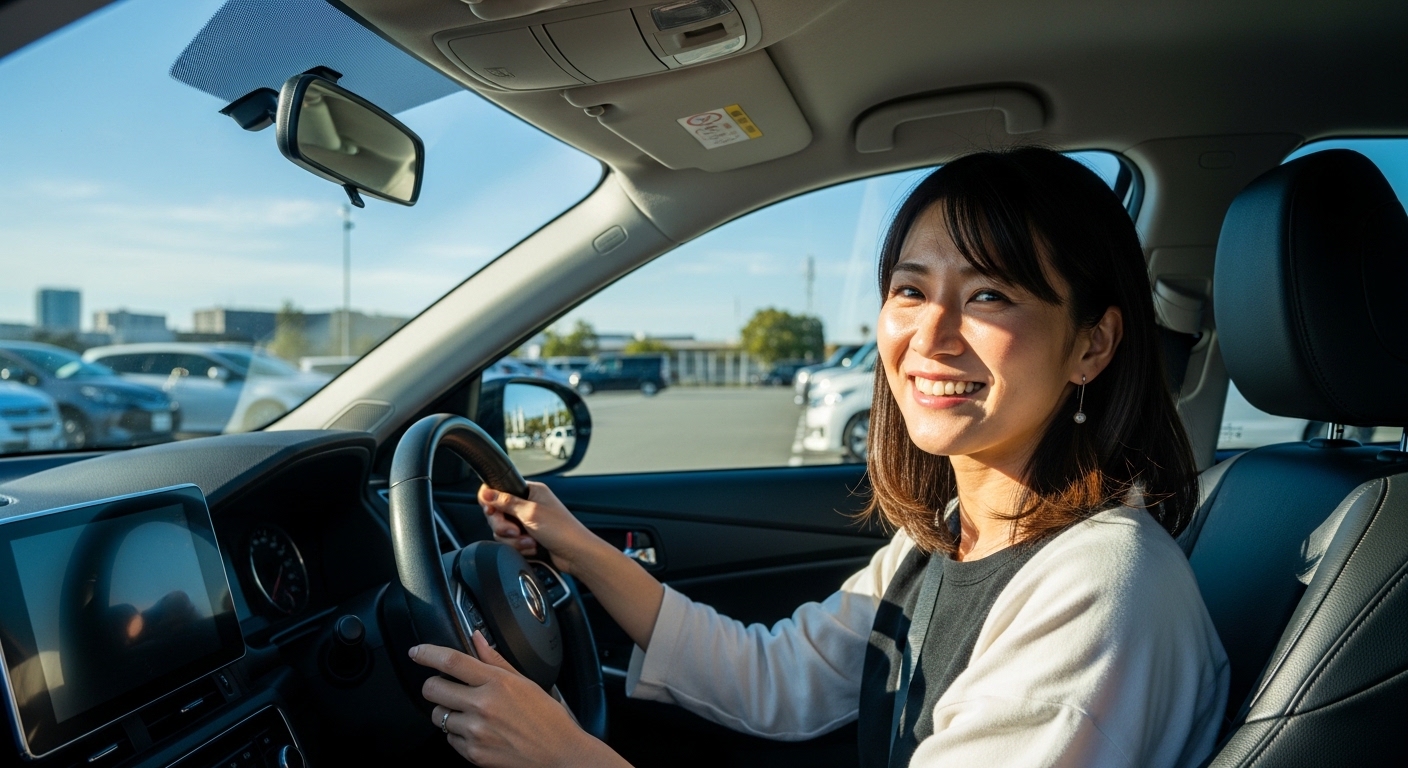 磐船神社の駐車場に無事到着し、晴れやかな笑顔を見せる女性