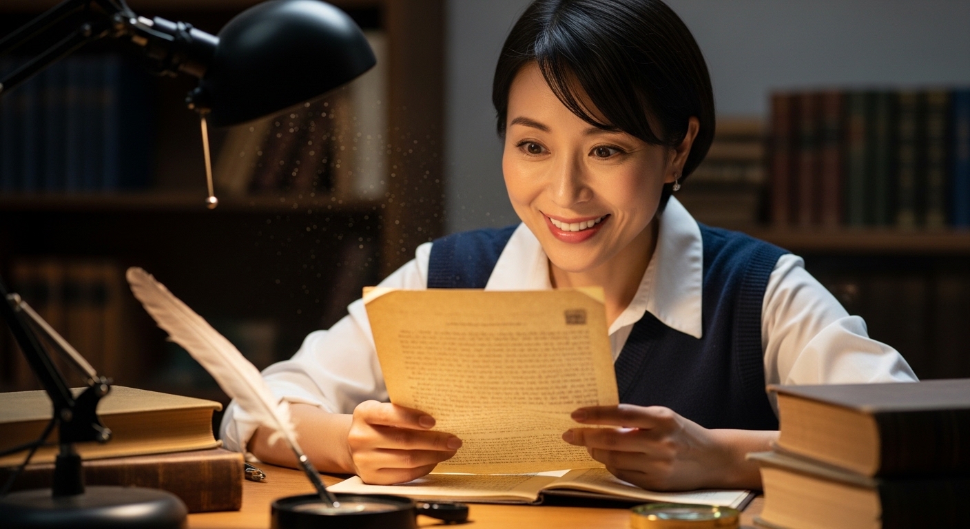 日本の歴史や神話に触れて明るい笑顔を見せる30代女性