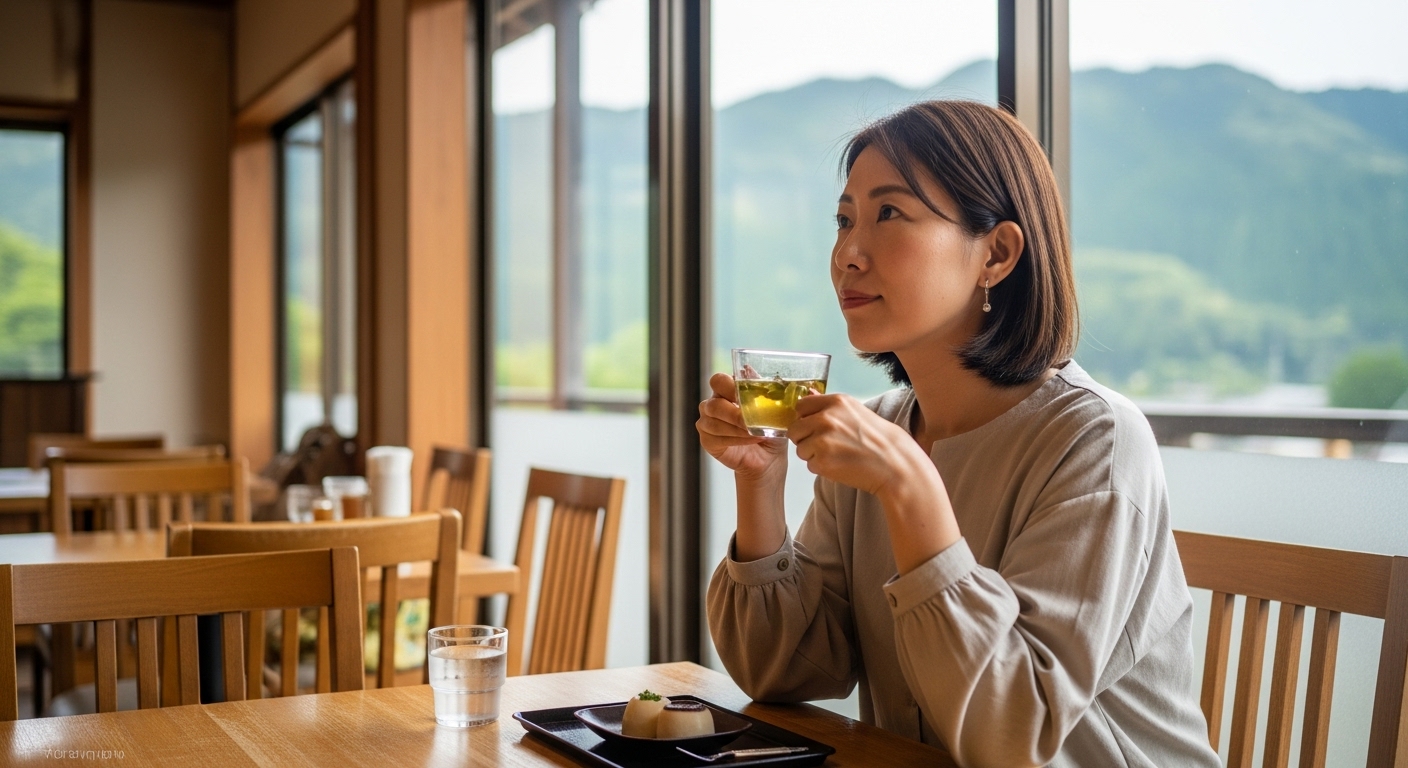 交野市の自然を眺めながらランチを楽しむ30代女性