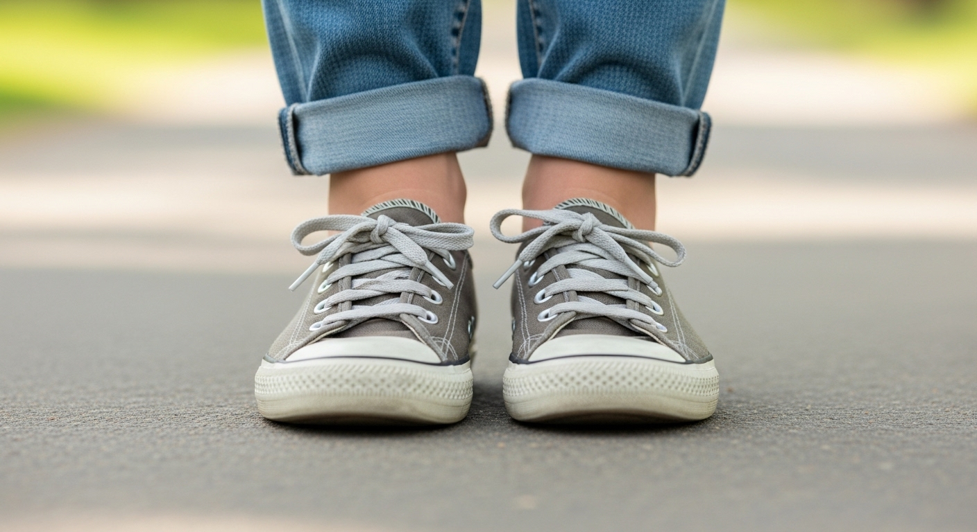 磐船神社の岩窟めぐりに向けてスニーカーを履く女性の足元
