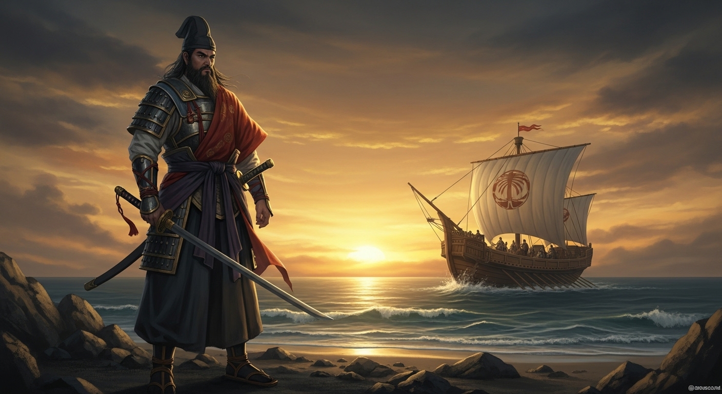 稲佐の浜をイメージした海岸で決意を新たにする男性