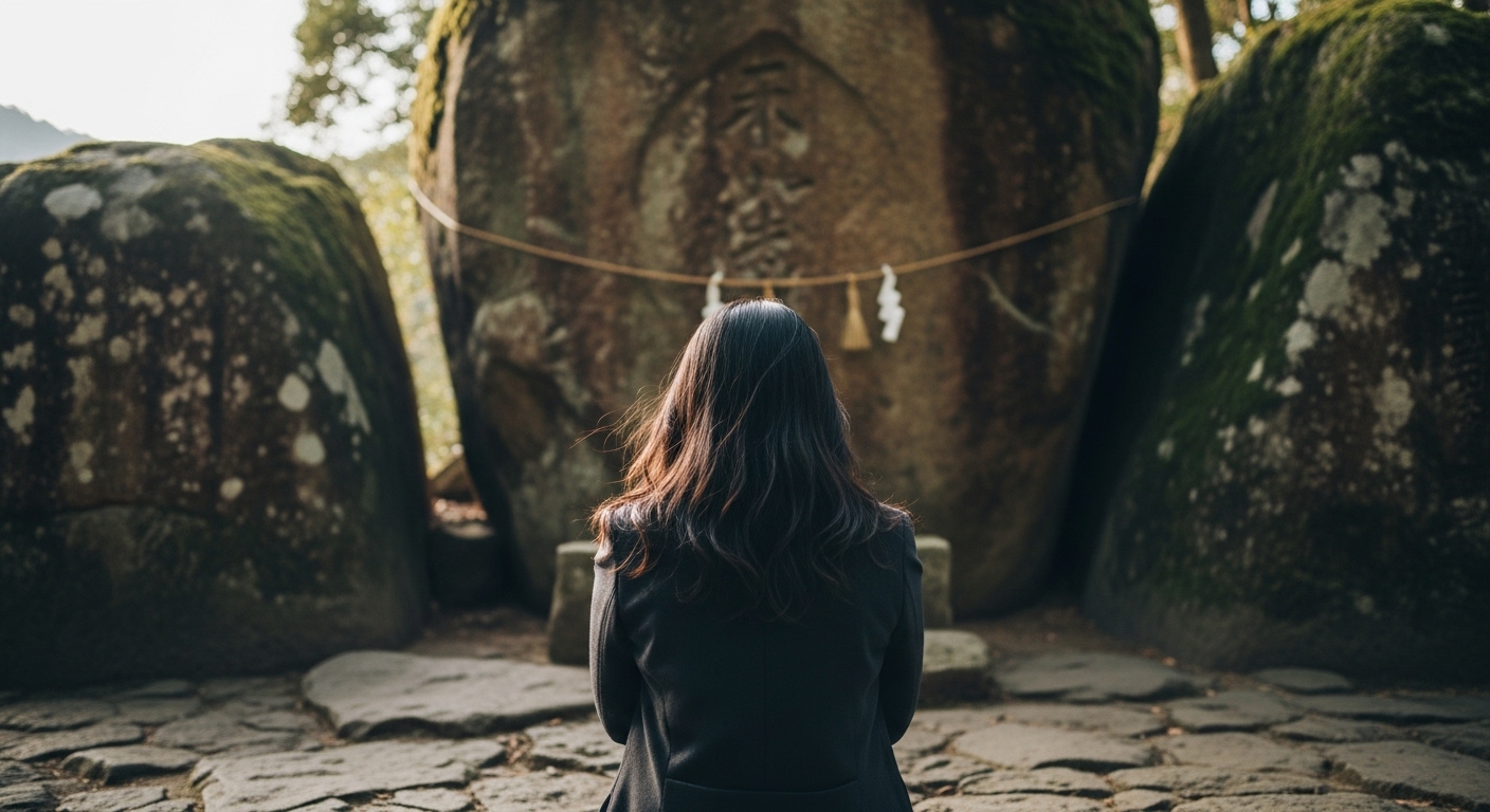 磐船神社の御神体である巨石の前で静かに祈る女性