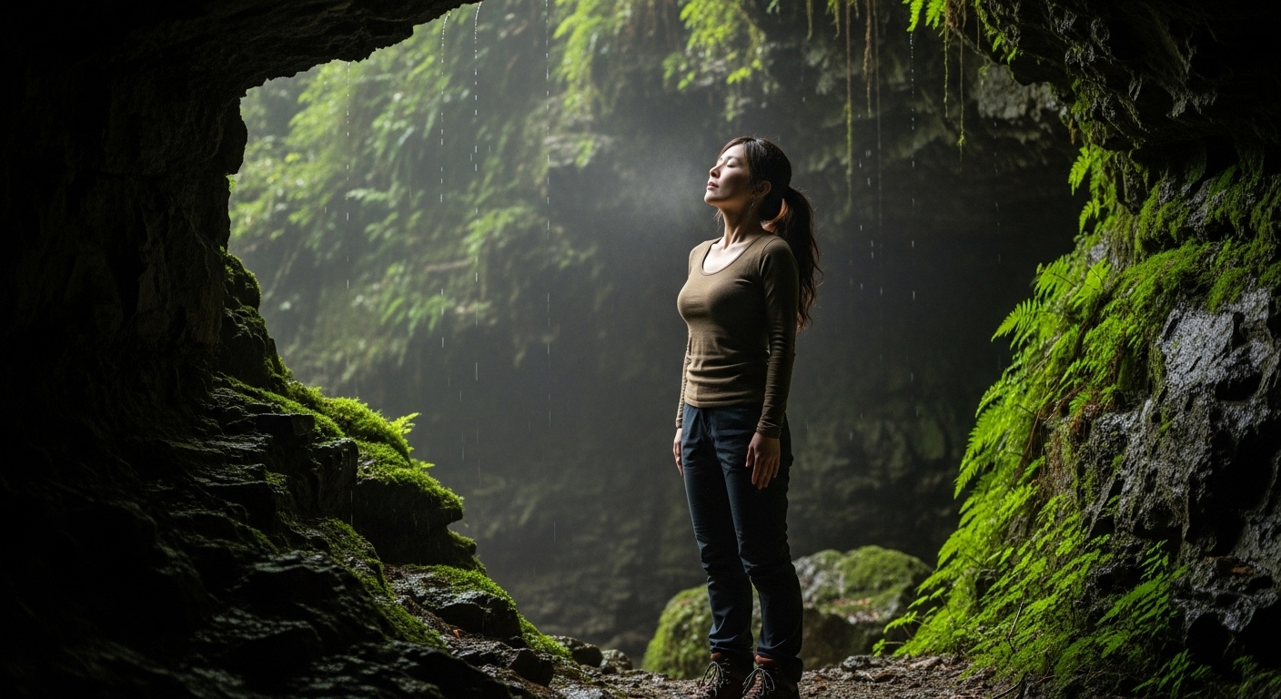 岩窟めぐりの前に深呼吸をして心を整える30代女性