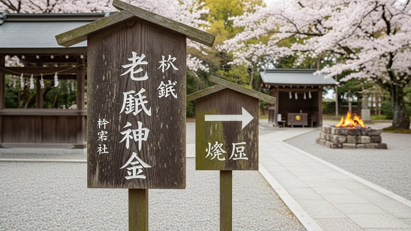 神社の境内にある古札納所の看板。古いお守りやお札を納める場所