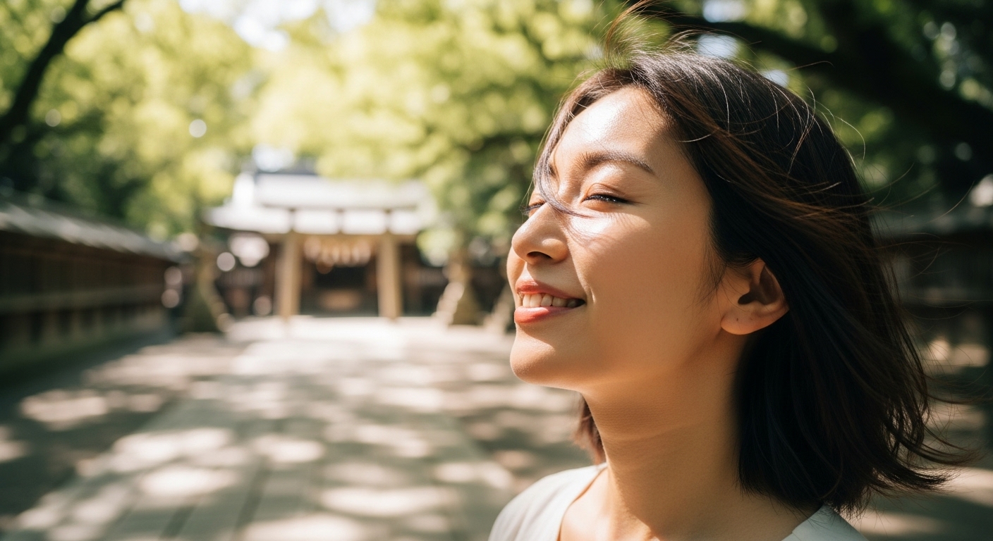 神社の境内で心地よい風を感じて微笑む女性