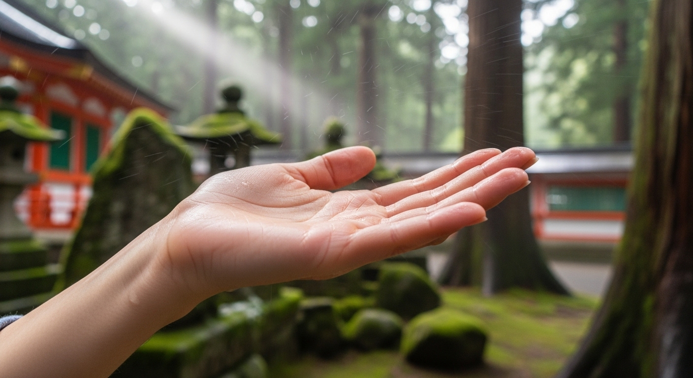 神社で心地よい風や天気雨を感じている様子