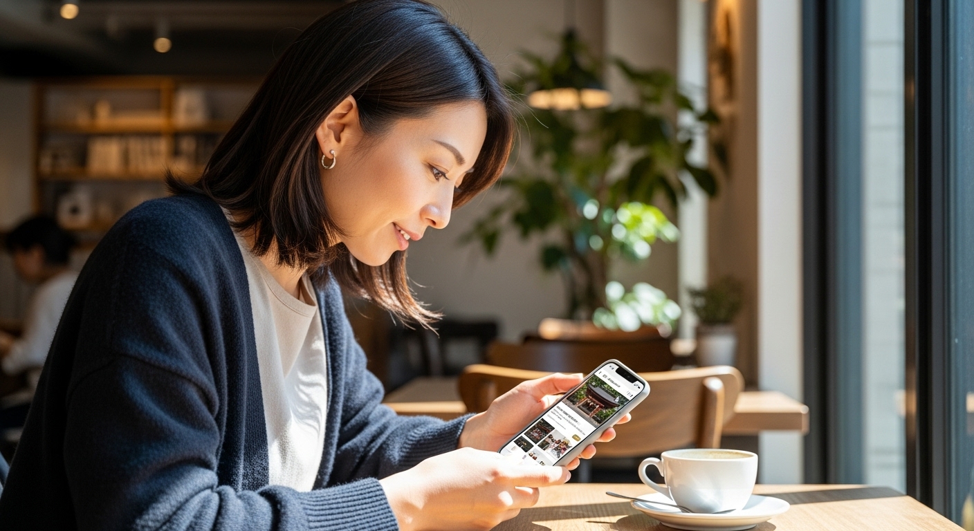 カフェで神社の情報をスマホで調べている女性