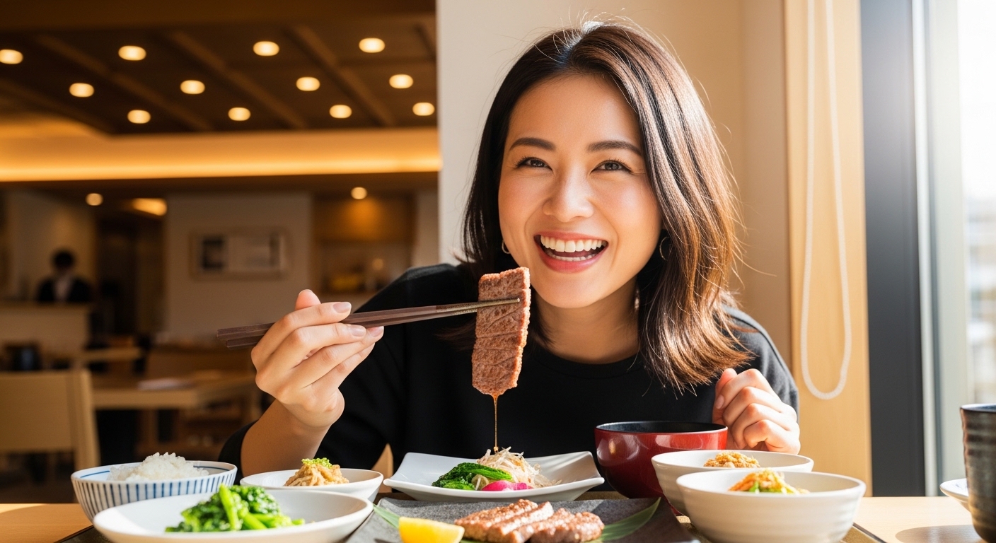 "高千穂牛ランチを楽しみながら明るい笑顔を見せる30代女性