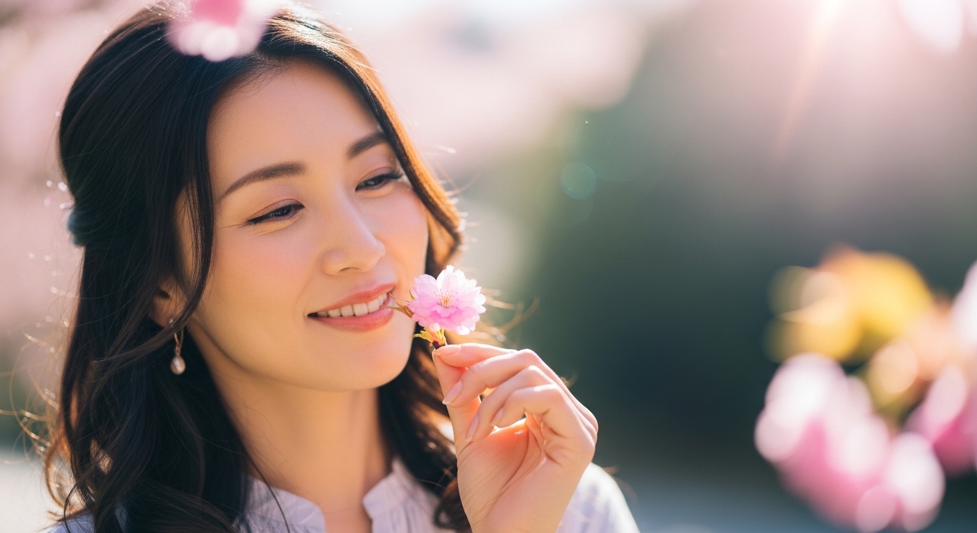 明るい光の中で一輪の花を慈しみ笑顔を見せる30代女性