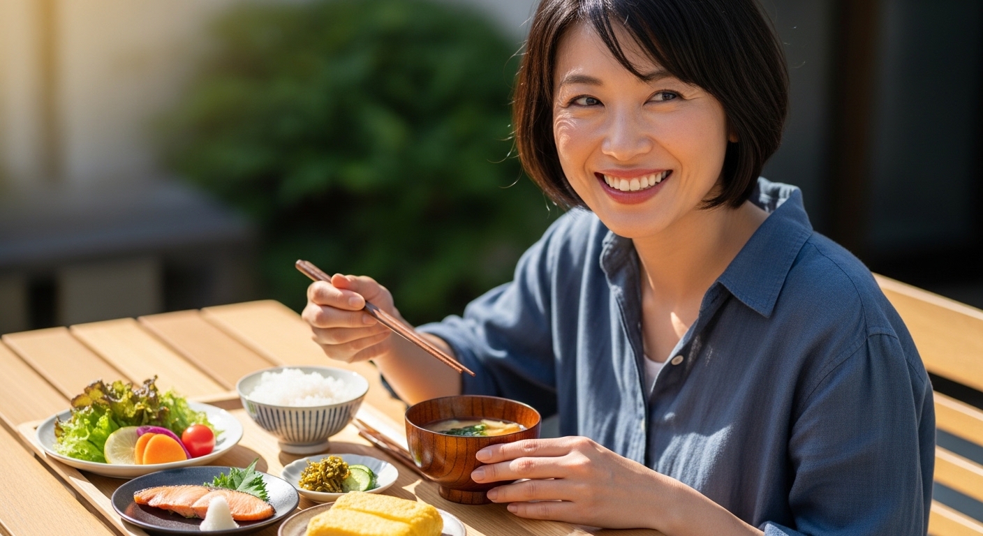 朝日の中で新鮮な食事を楽しみ、明るい笑顔を見せる30代女性