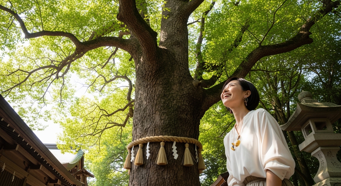 明るい光の中で、身近な神社の巨木を見上げて晴れやかな笑顔を見せる30代女性