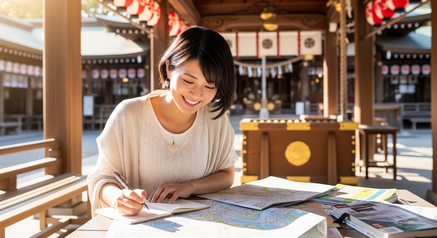 明るい笑顔で神楽鑑賞の旅を計画する30代女性