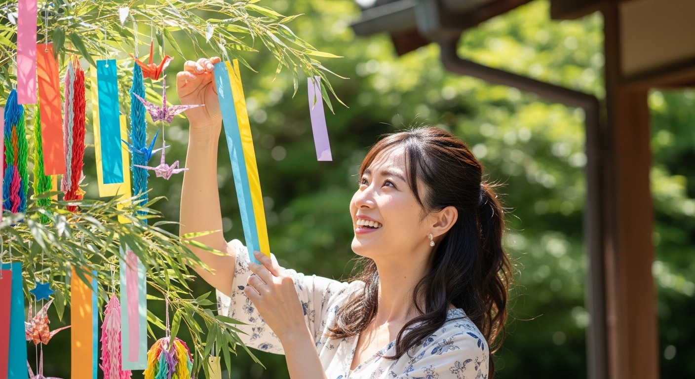 明るい陽射しの中で笑顔で短冊を選ぶ30代女性