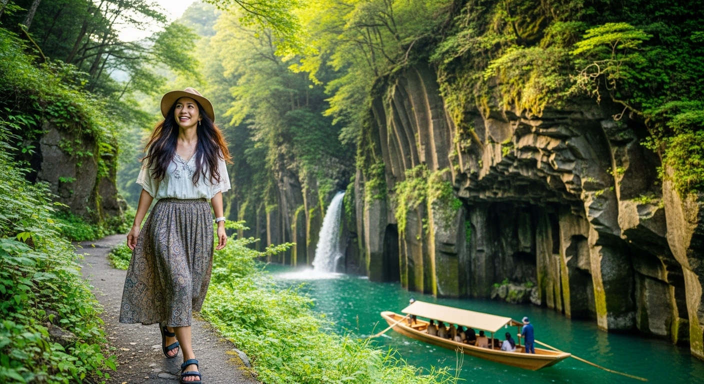 高千穂の澄んだ空気の中で明るい笑顔を見せる30代女性