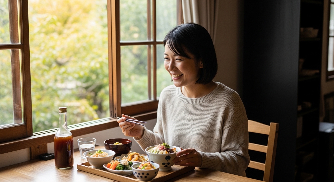 奈良県御所市の古民家ランチで明るい笑顔を見せる30代女性