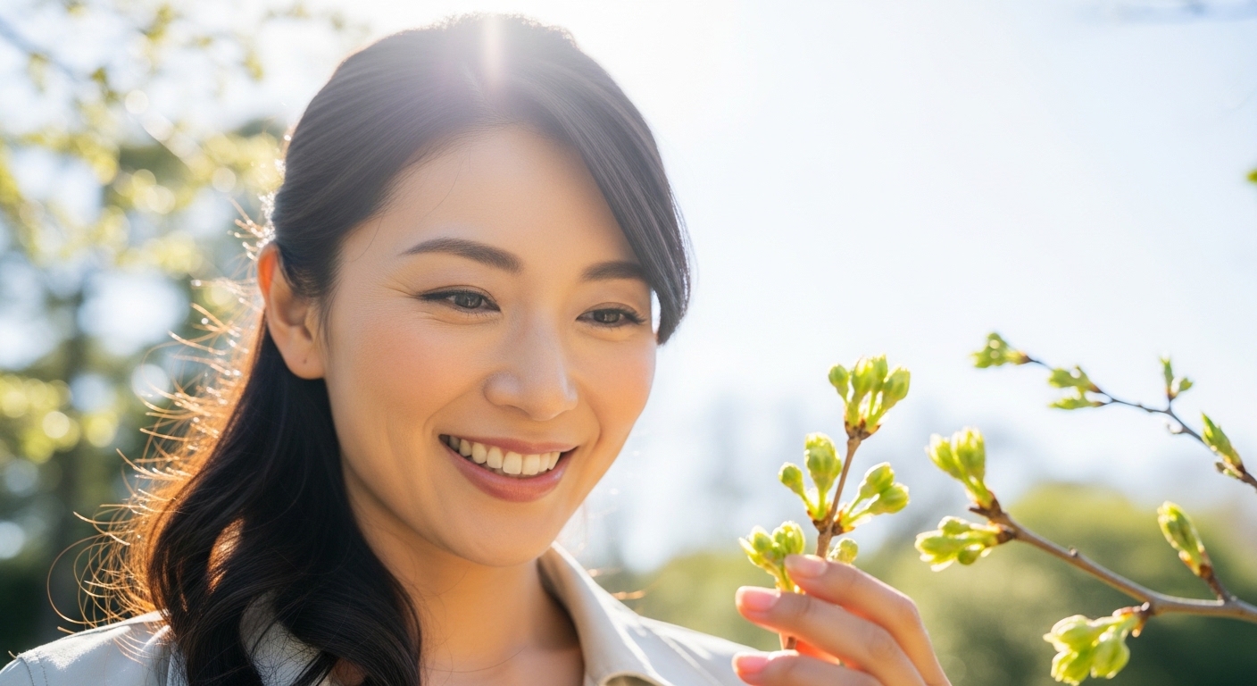 庭の新しい芽を見つけて明るい笑顔を見せる30代女性