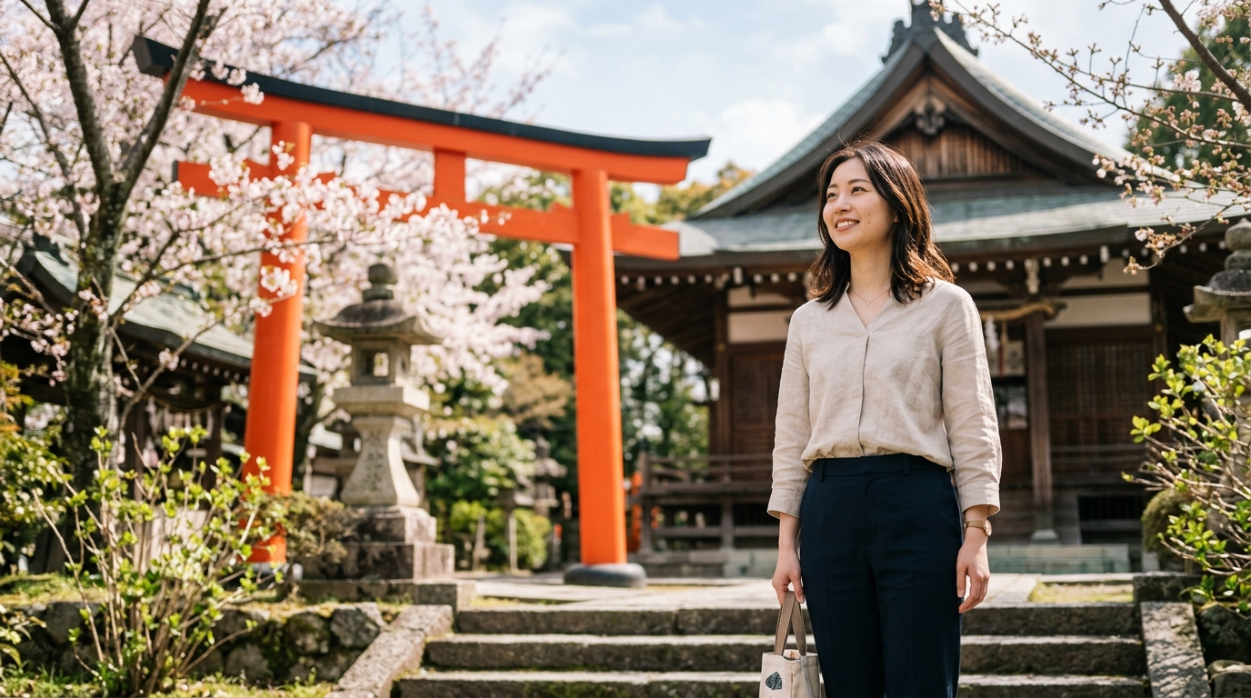 厄払いを前に希望に満ちた表情で神社に佇む20-30代女性と、浄化を感じさせる明るい境内の風景