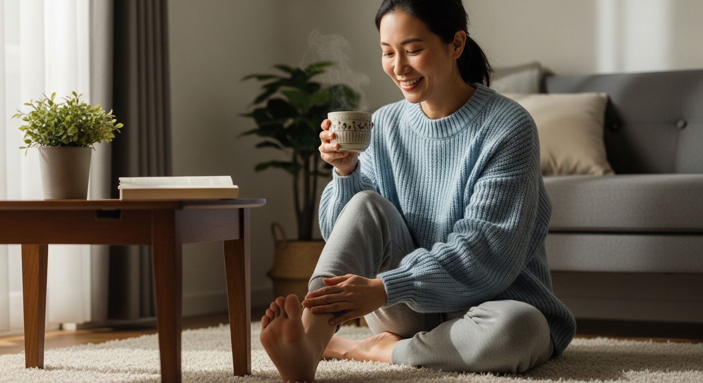 修行後の筋肉痛を労りながら明るい笑顔で過ごす30代女性